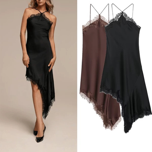 跨境外贸2026欧美风时尚女装新款蕾丝饰丝缎质感不规则吊带连衣裙