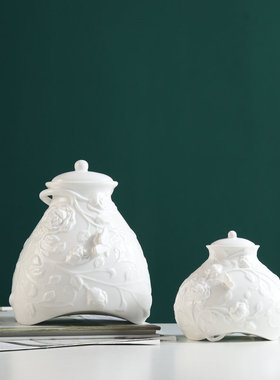 外贸陶瓷白色非密封收纳罐现代创意高级小号茶罐咖啡罐桌面摆件