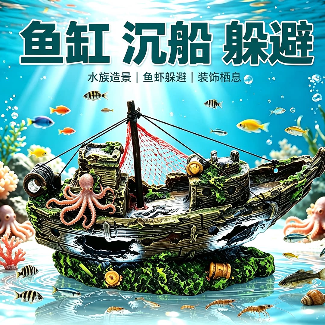 海盗船仿真树脂鱼缸造景躲避屋