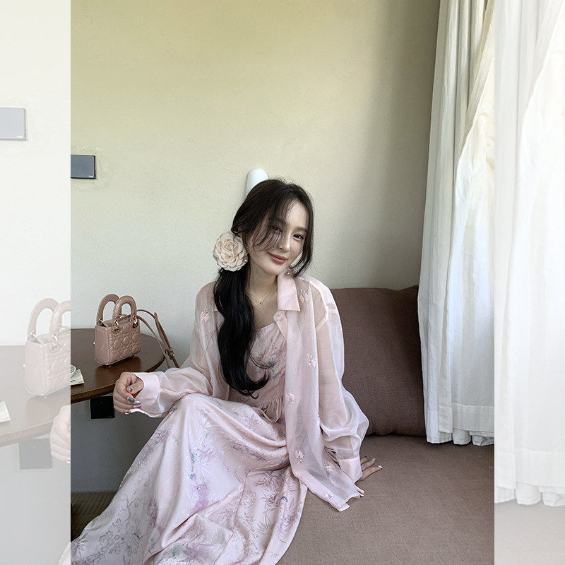 露曦向晚 清冷新中式套装重工钉珠刺绣衬衫薄外套/印花吊带长裙子