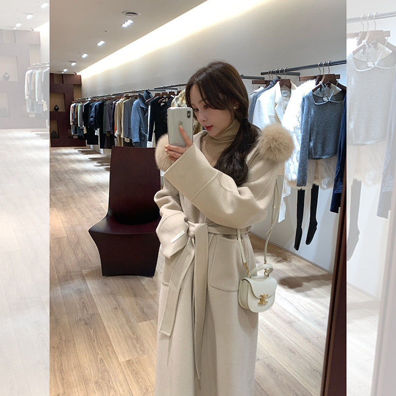 冬日热奶茶 高支極细美丽诺全羊毛双面呢 定染狐狸毛领手工大衣