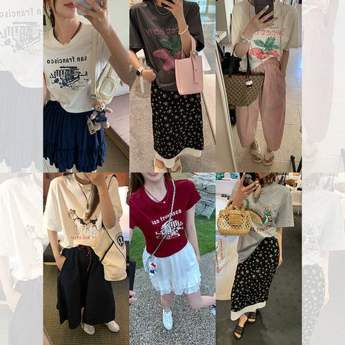短袖少女通勤印花棉T恤套装舒适