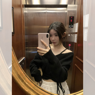 偷偷藏不住 纯欲少女的一秒心动针织衫 绑带露肩V领短款毛衣/半裙