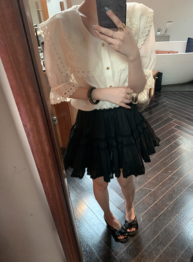 balletcore芭蕾裙 全棉玻璃纱蕾丝花边防走光短款半身裙蓬蓬短裙