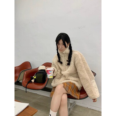 Korean Design A*e私服套装 羊羔绒立领卫衣/解构格纹羊毛呢半裙