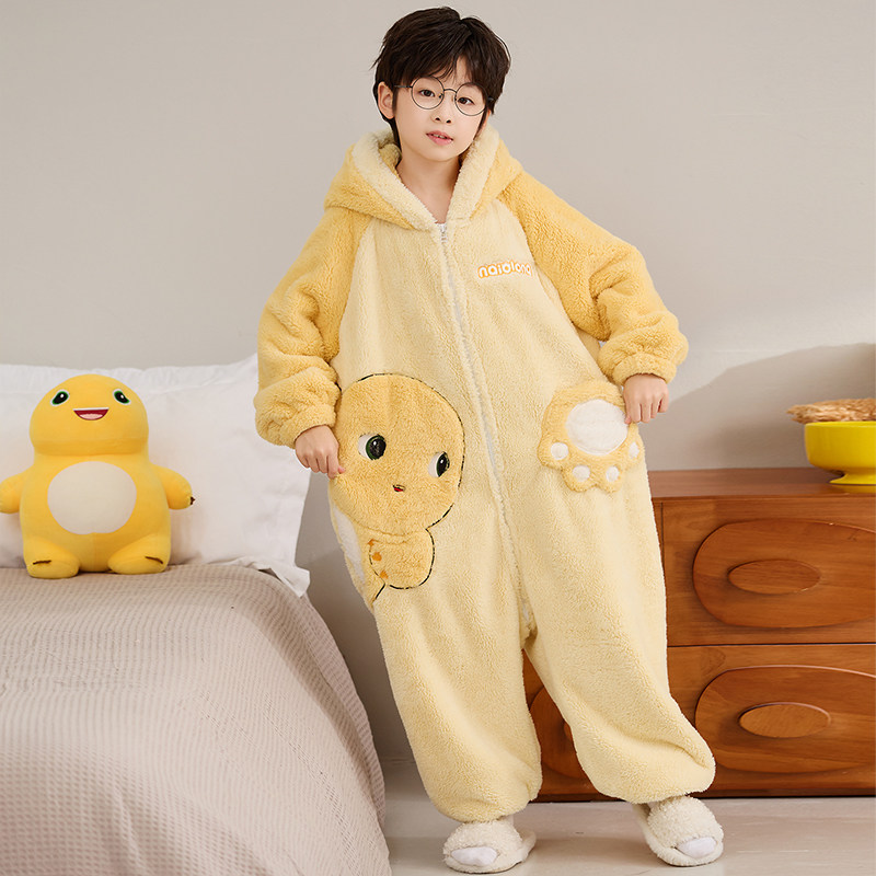 2025新款儿童睡衣男童秋冬季珊瑚绒加厚女孩连帽卡通奶龙连体睡袋
