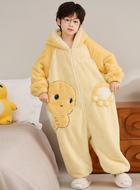 2025新款儿童睡衣男童秋冬季珊瑚绒加厚女孩连帽卡通奶龙连体睡袋