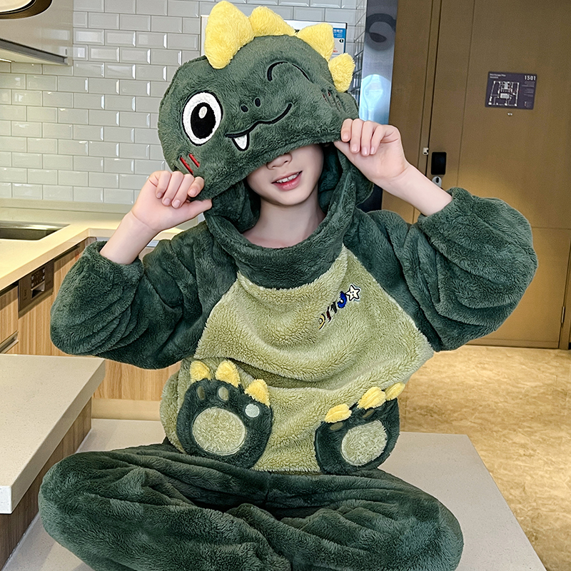 儿童睡衣冬季家居服套装连帽小孩男女保暖加厚法兰绒可爱搞怪恐龙