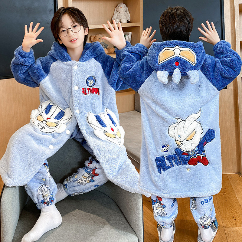 冬季儿童睡衣家居服套装保暖法兰绒加厚卡通可爱连帽赛罗睡袍男女,童装/婴儿装/亲子装,家居服套装,淘宝优惠券,粉丝福利购,淘宝优惠卷