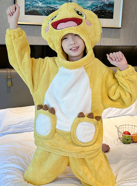 儿童睡衣冬季家居服套装连帽小孩男女保暖加厚法兰绒可爱搞怪奶龙