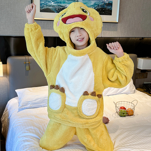 儿童睡衣冬季 连帽小孩男女保暖加厚法兰绒可爱搞怪奶龙 家居服套装