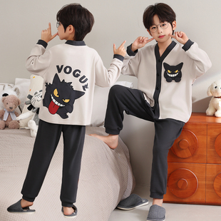 儿童家居服秋冬季保暖睡衣德绒套装耿鬼加厚开衫男孩女生可爱卡通