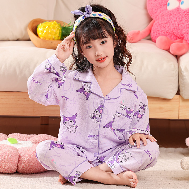 儿童家居服长袖女孩睡衣套装春秋季翻领开衫中大童云朵绵休闲可爱