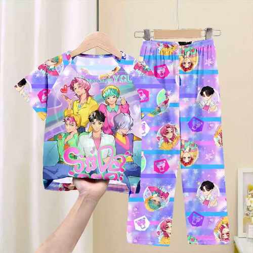 夏天短袖长裤家居服套装薄款KPOP猎魔女团卡通儿童睡衣小女孩学生