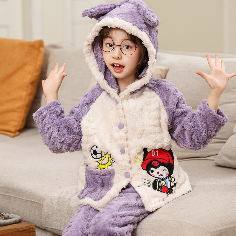 小女孩睡衣秋冬季儿童家居服连帽套装孩保暖加厚法兰绒可爱库洛米