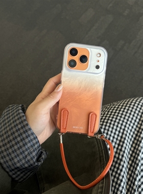 ins风高级感冰川纹渐变橙色适用苹果17promax手机壳iphone16新款14女15pro腕带挂绳13简约小众保护套