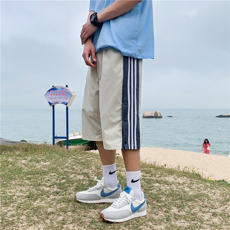 夏季新款排扣开叉七分裤男宽松运动条纹裤子,男装休闲裤,电商B369（原A024）