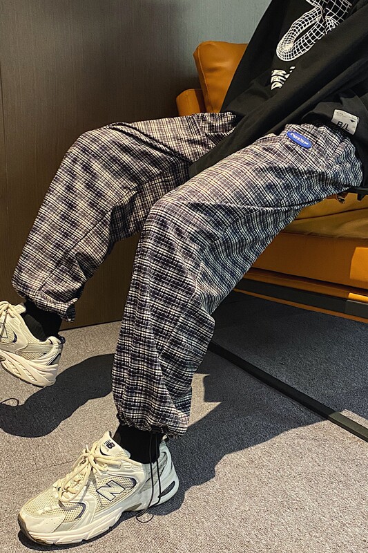 K06-P40春季2021新款格子裤男韩版休闲裤男宽松抽绳束脚裤子,男装休闲裤,电商B369（原A024）