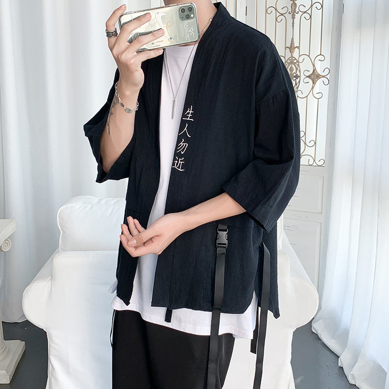 CS11    夏季大码宽松短袖道袍男休闲七分袖亚麻和服衬衫图片