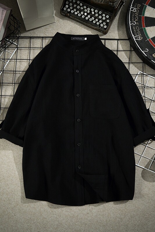 CS06网格摆拍夏季男士宽松立领七分袖衬衣风亚麻衬衫,男装衬衫,电商B369（原A024）