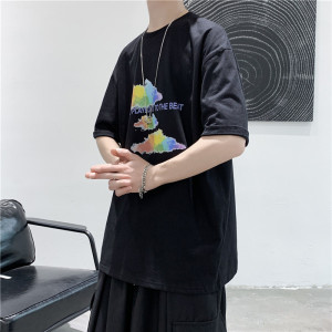 T106-P25短句夏季新款潮流印花T恤男宽松休闲半袖打底衫,暗红色和蓝色怎么搭配好看图片
