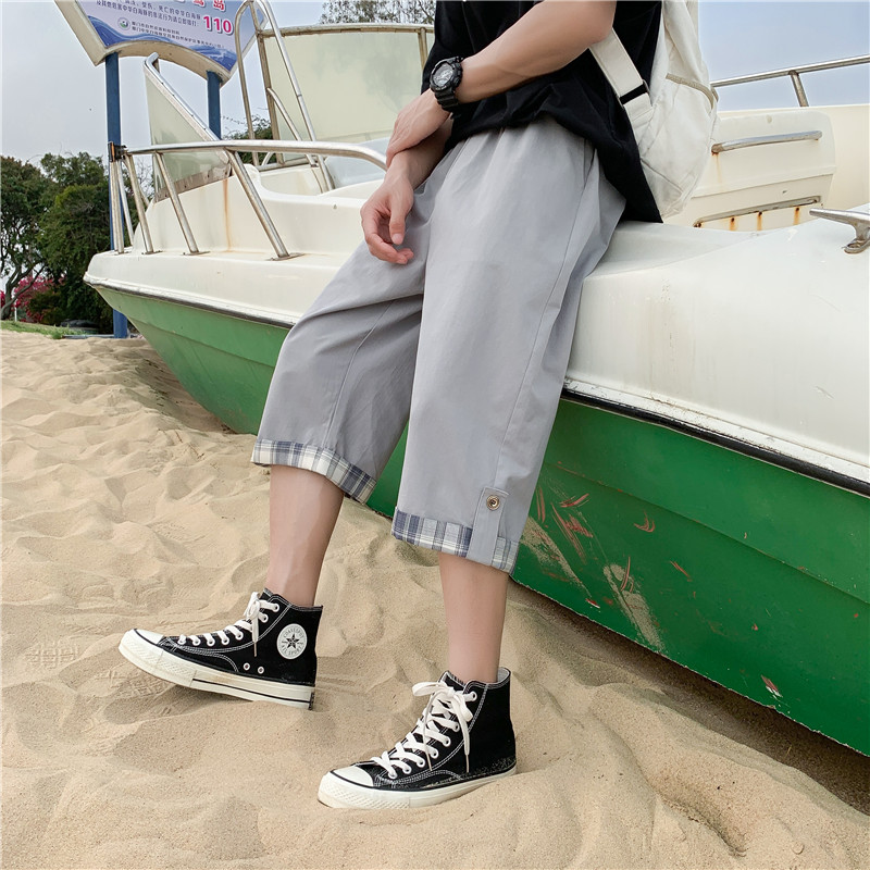     夏季新款直筒七分裤男士宽松运动条纹休闲短裤图片