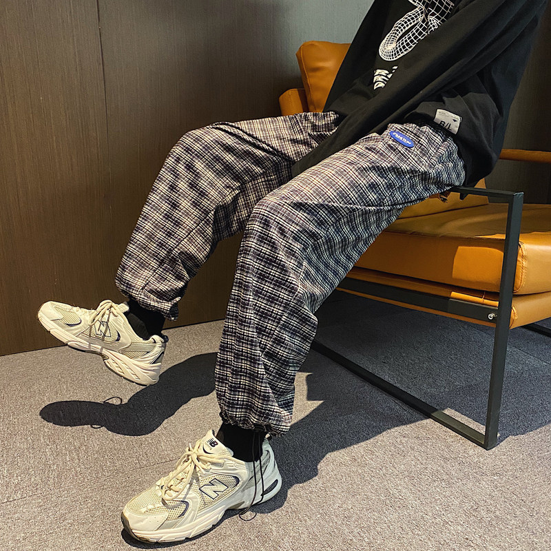 K06-P40   春季2021新款格子裤男韩版休闲裤男宽松抽绳束脚裤子图片