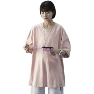 T100-P15  夏季新款纯色圆领短袖T恤男女薄款宽松半袖上衣 粉色图片