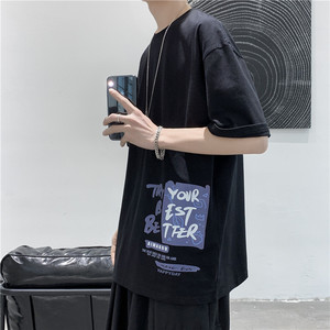T107  短句 夏季新款潮流印花短袖男宽松帅气半袖打底衫图片