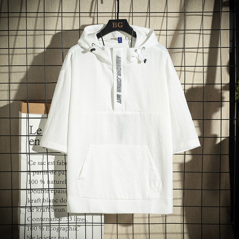 T008  网格挂拍 夏季男士连帽短袖T恤潮流ins亚麻五分袖图片