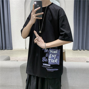 T107  短句 夏季新款潮流印花短袖男宽松帅气半袖打底衫图片