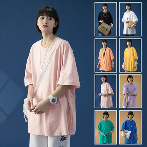 T100-P15夏季新款纯色圆领短袖T恤男女薄款宽松半袖上衣粉色