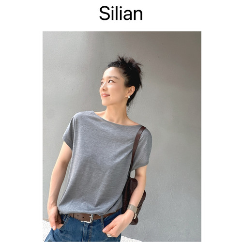 Silian｜轻奢真丝绢纺｜极简一字型｜小蝙蝠袖短袖Tee落肩真丝Tee