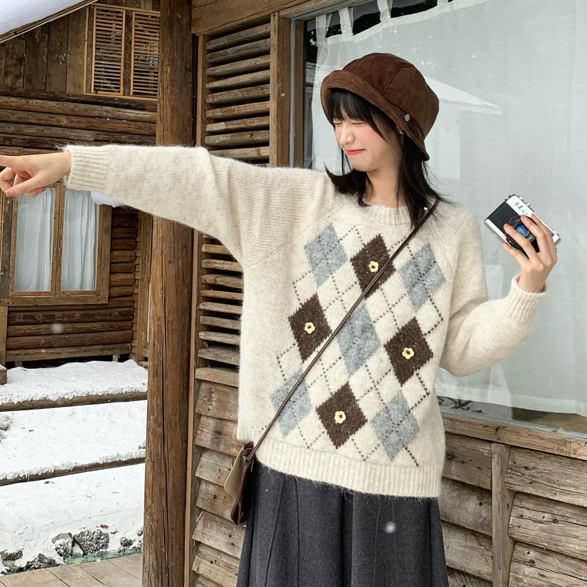 韩系复古菱格提花套头毛衣女秋冬季内搭宽松慵懒风针织衫加厚上衣