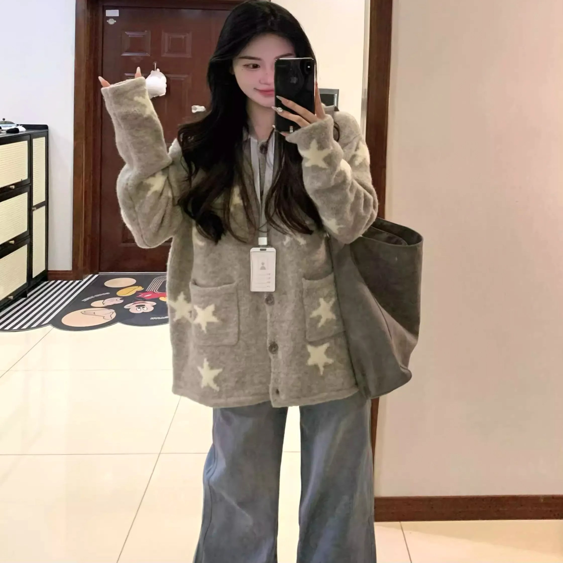 高级感灰色毛衣早春秋新款气质翻领撞色设计感针织开衫上衣女外套