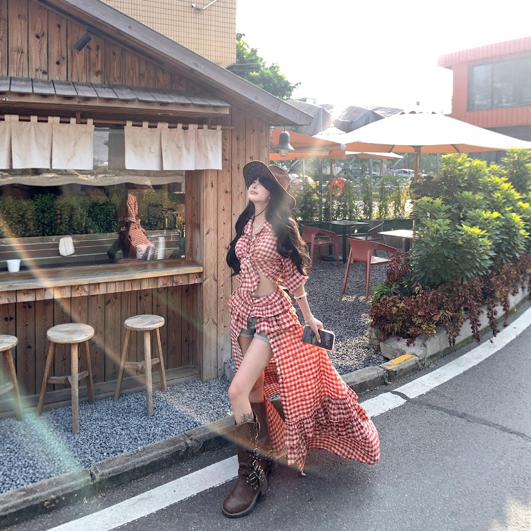 红色格子绑带polo领长袖衬衫女夏季度假套装高腰开叉半身裙