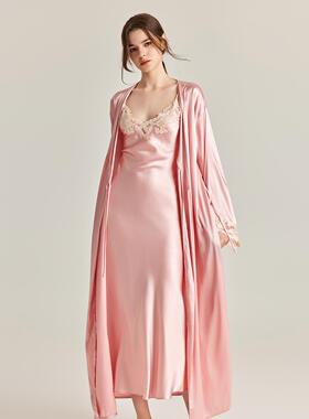 2025春新款樱花粉镂空花边真丝睡衣女桑蚕丝新娘晨袍家居服吊带裙