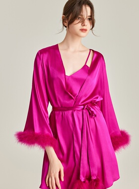 GP新款婚礼晨袍高端新娘睡袍火鸡羽毛边饰结婚真丝睡裙绸缎家居服