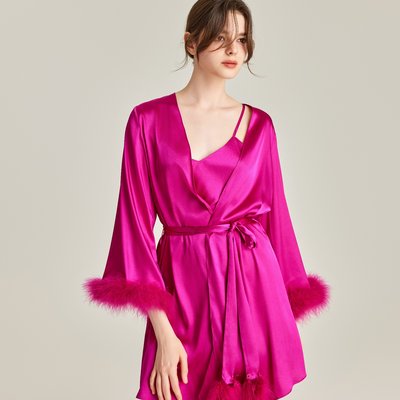 火鸡羽毛边饰真丝婚礼晨袍春夏粉