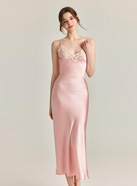 2025春秋性感真丝混纺吊带睡裙女长款蕾丝内搭丝绸睡衣新娘家居服