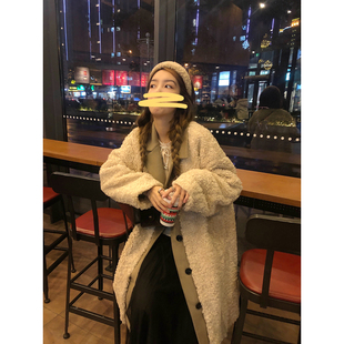 WANNANKE西装领羊羔毛假两件大衣女冬季中长款设计感宽松百搭外套