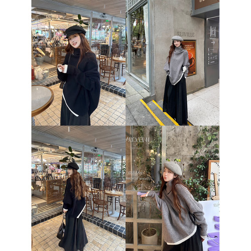 WANNANKE 周末美术馆 优雅气质不规则半高领蝙蝠袖斗篷毛衣