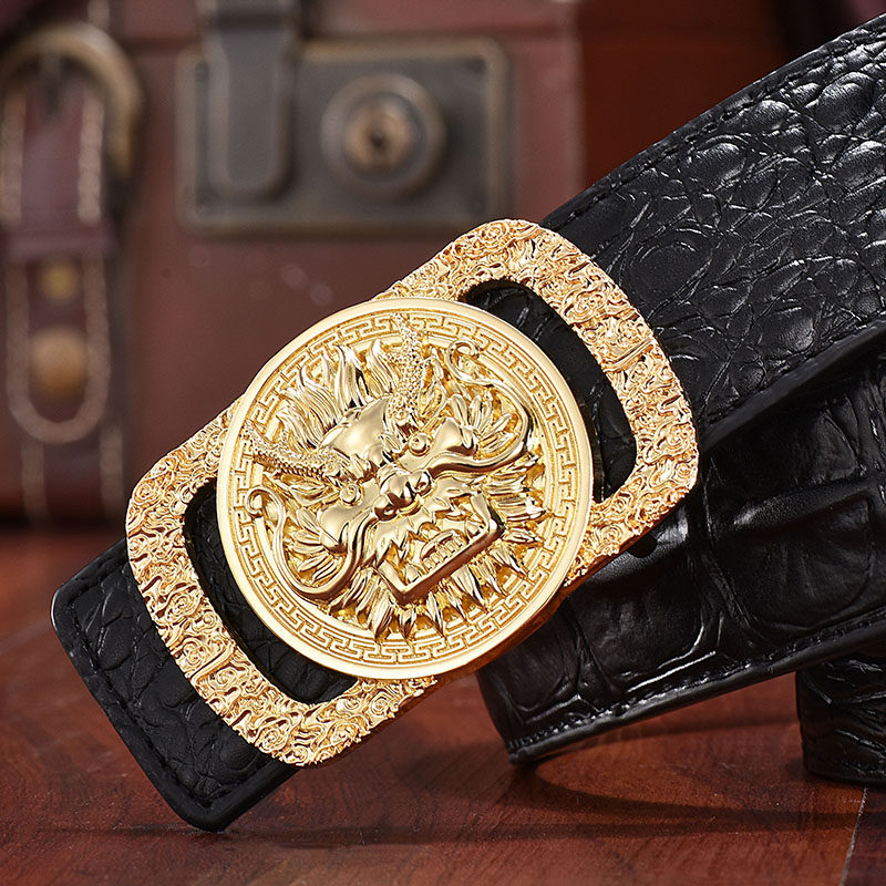 皮带男龙头鳄鱼纹真皮平滑扣青年时尚牛皮裤带 休闲百搭虎头腰带