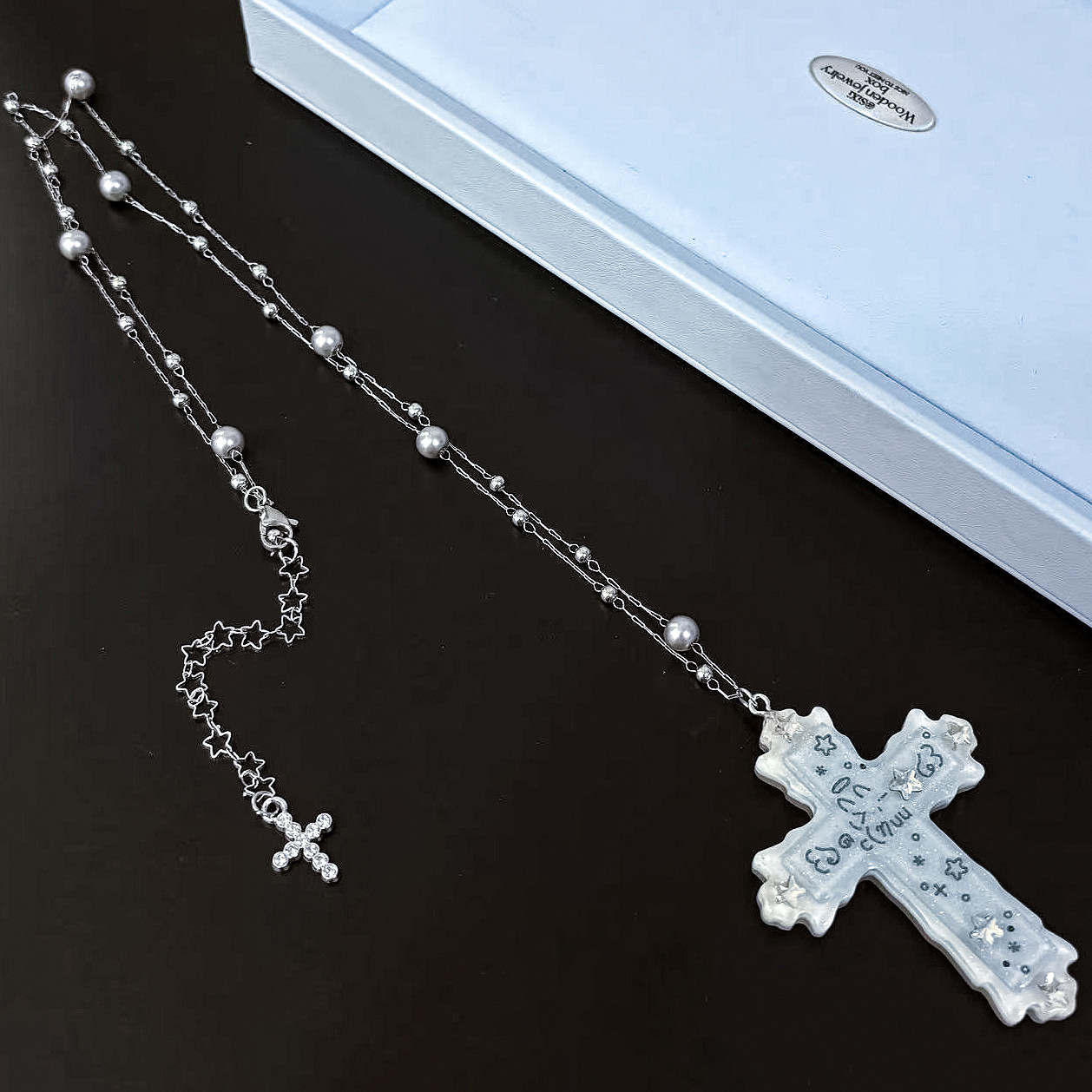 thumbnail for Y2K old-fashioned dream core emoji cross necklace with side clip, bangs clip, hot girl with sweet cool subculture, cute niche