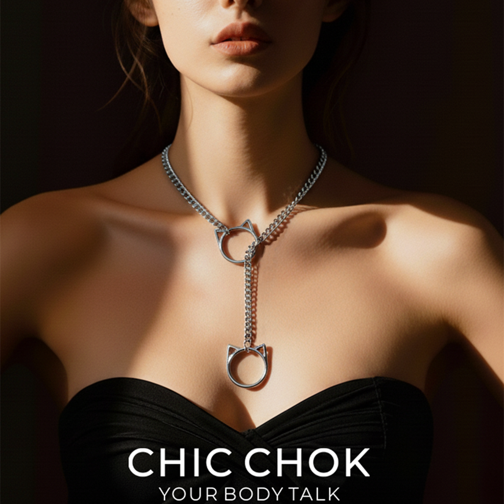 CHICCHOK猫咪炫彩项链银色吊坠爱心链条项圈链子情侣项链毛衣链女