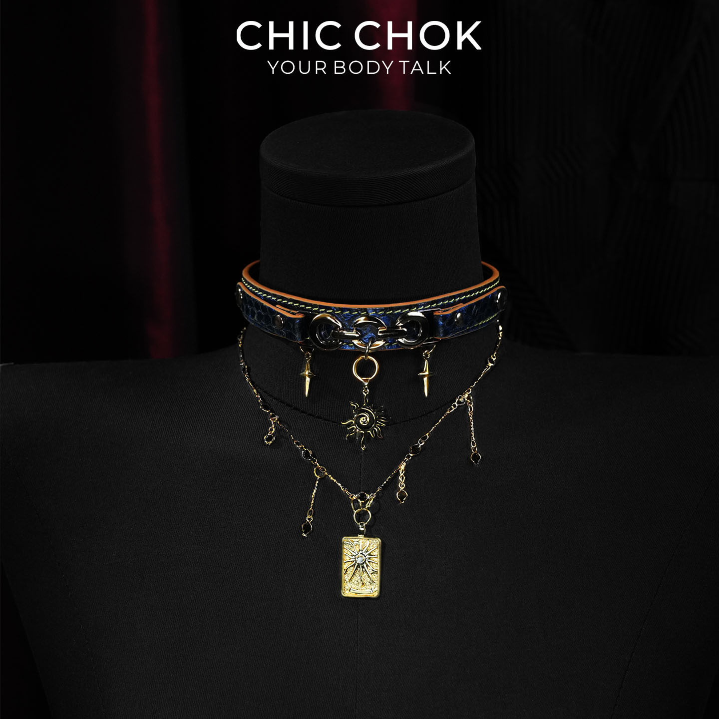 CHICCHOK太阳蓝金颈圈项圈蛇皮项链牛皮塔罗choker女欧美原创设计