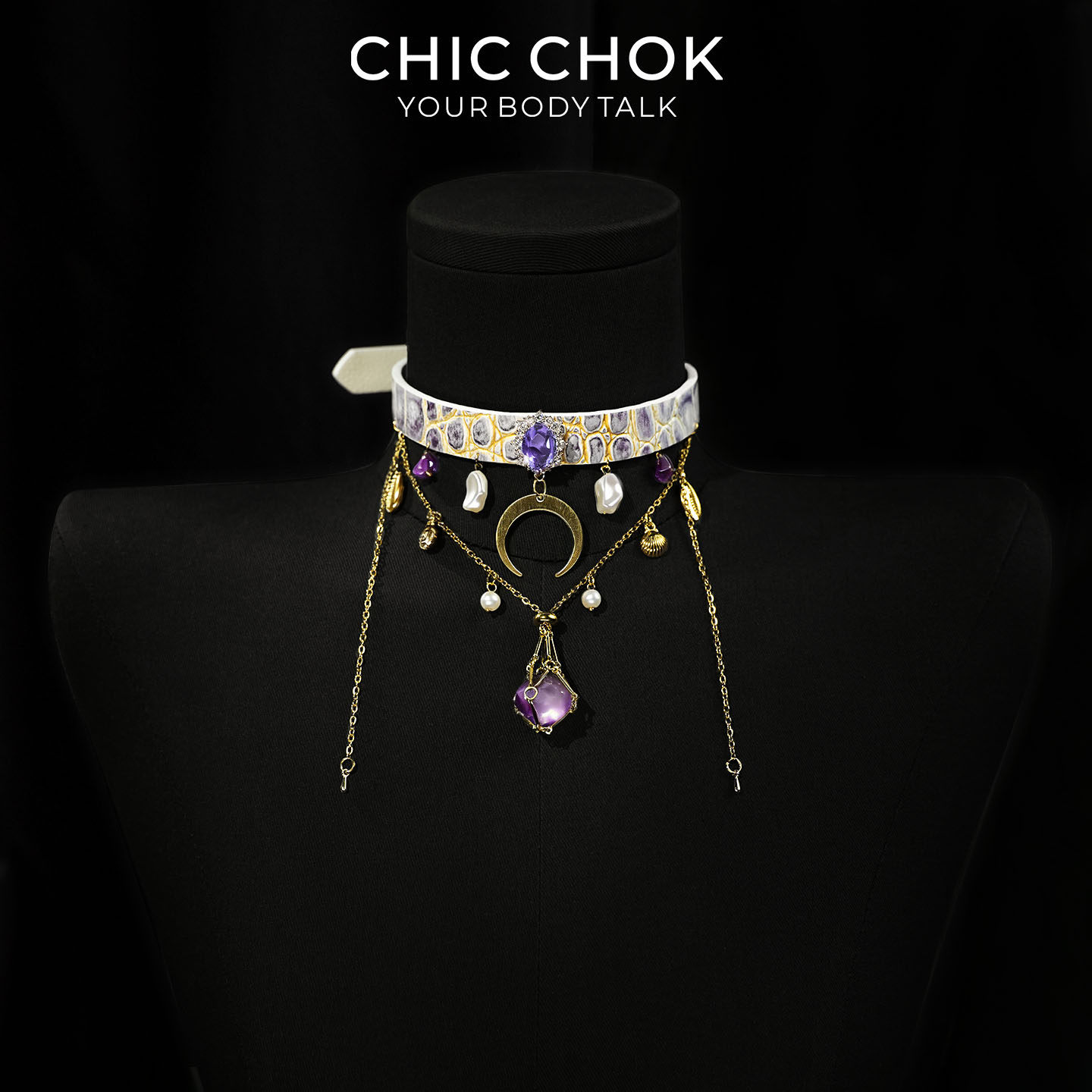 CHICCHOK潮汐真皮项圈紫色水晶金色链条女星月吊坠高贵项链定制