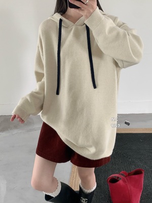 NC9517欧洲站杏色中长款连帽针织衫女2025年秋冬新款宽松加厚上衣