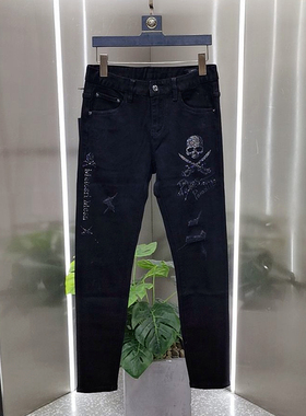 谷聆 2026新品欧美风男烫钻骷髅黑灰色修身牛仔裤潮流美式牛仔裤