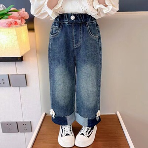 女童牛仔阔腿裤超软2024春季新款女童裤子宝宝时尚直筒长裤洋气